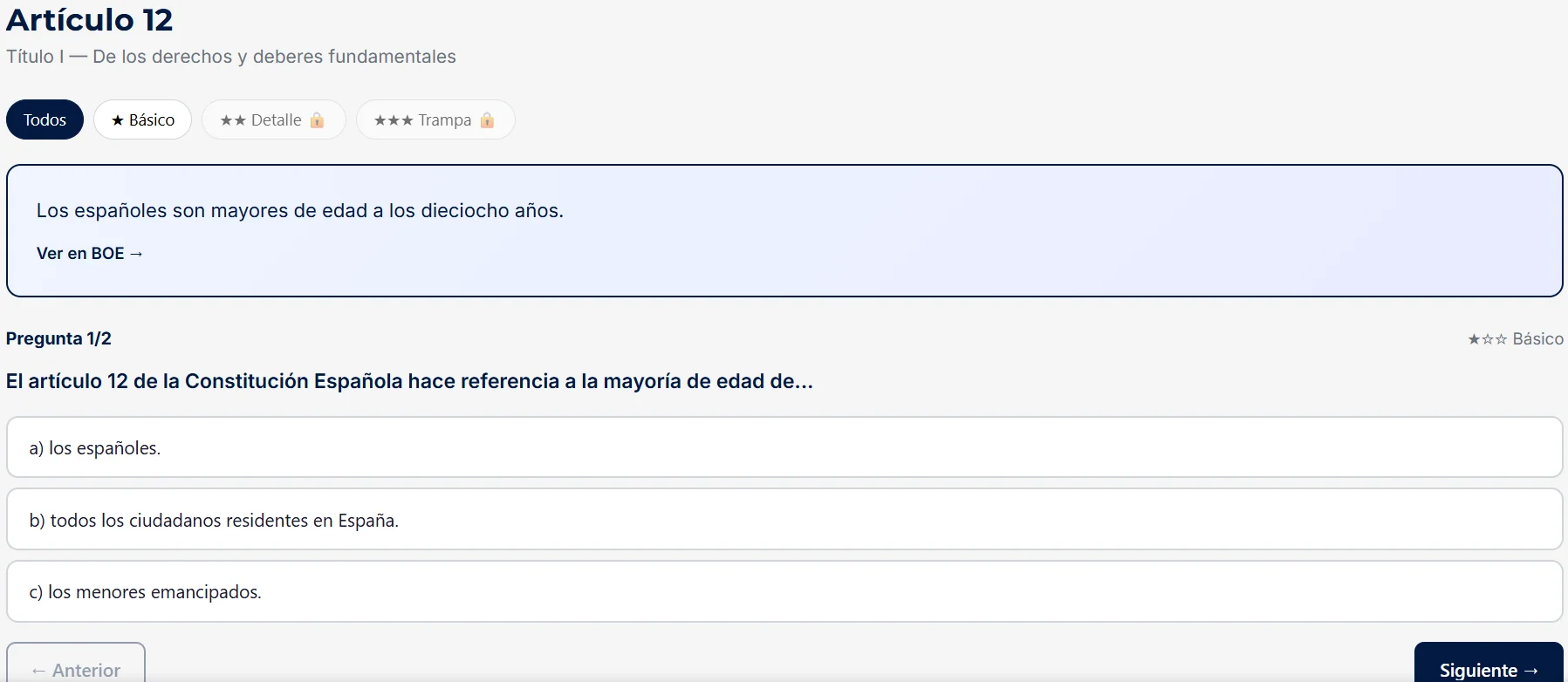 Vista del artículo 12 de la Constitución con filtros Básico, Detalle y Trampa, texto del BOE y pregunta tipo examen