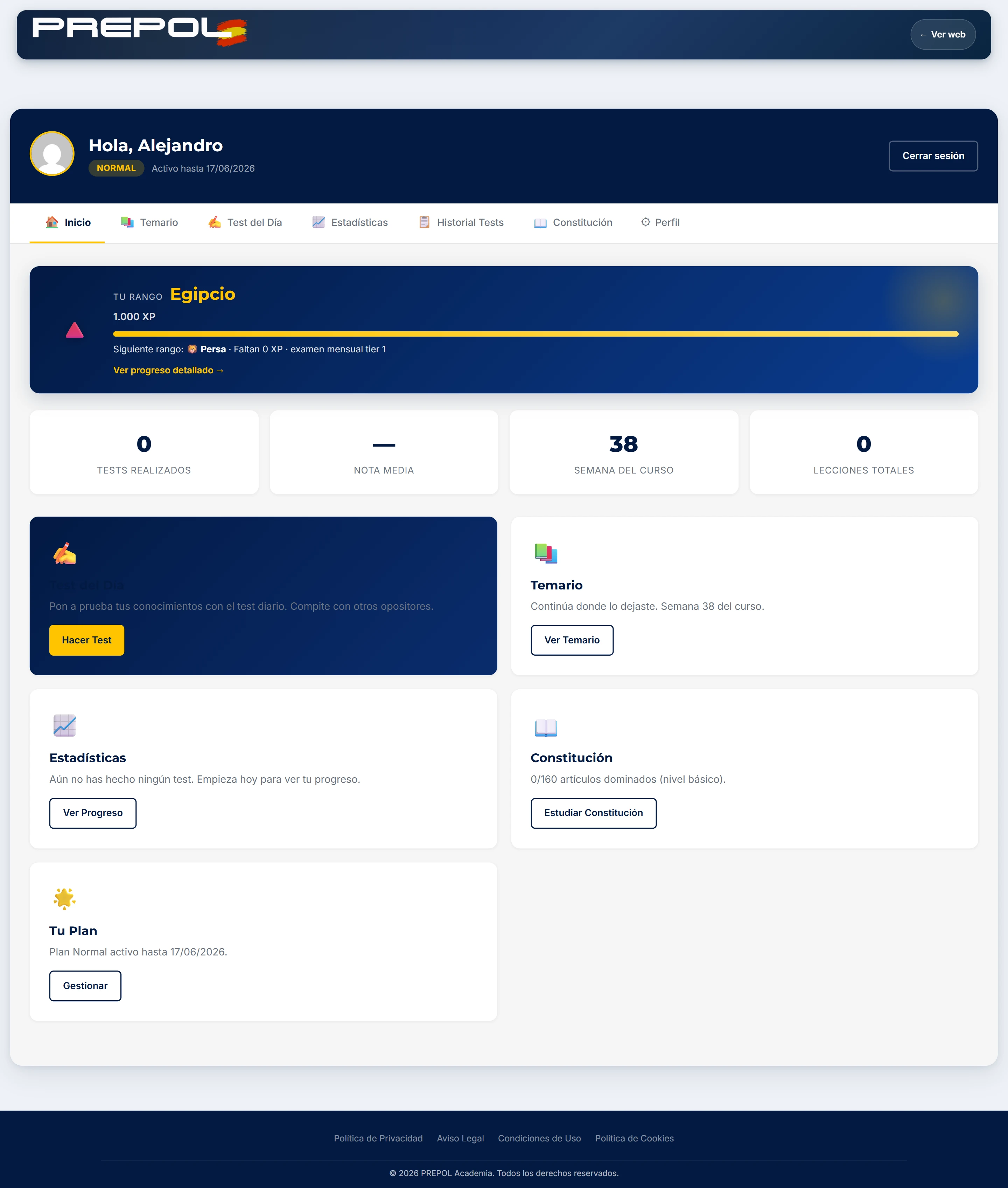 Dashboard del aula virtual PREPOL con cuatro tarjetas: Test del Día, Temario, Estadísticas y Constitución