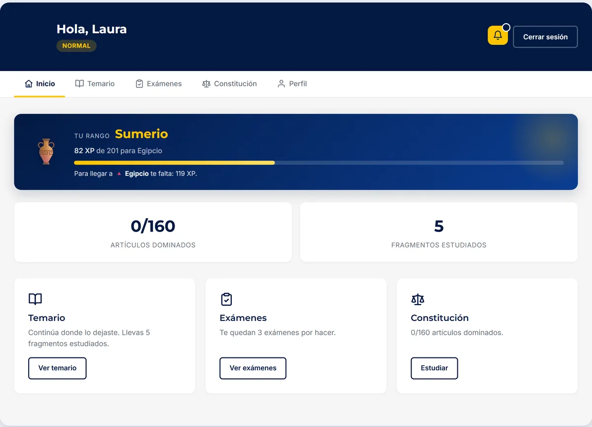 Pantalla de inicio del aula virtual PREPOL: rango del alumno, temario, exámenes y Constitución