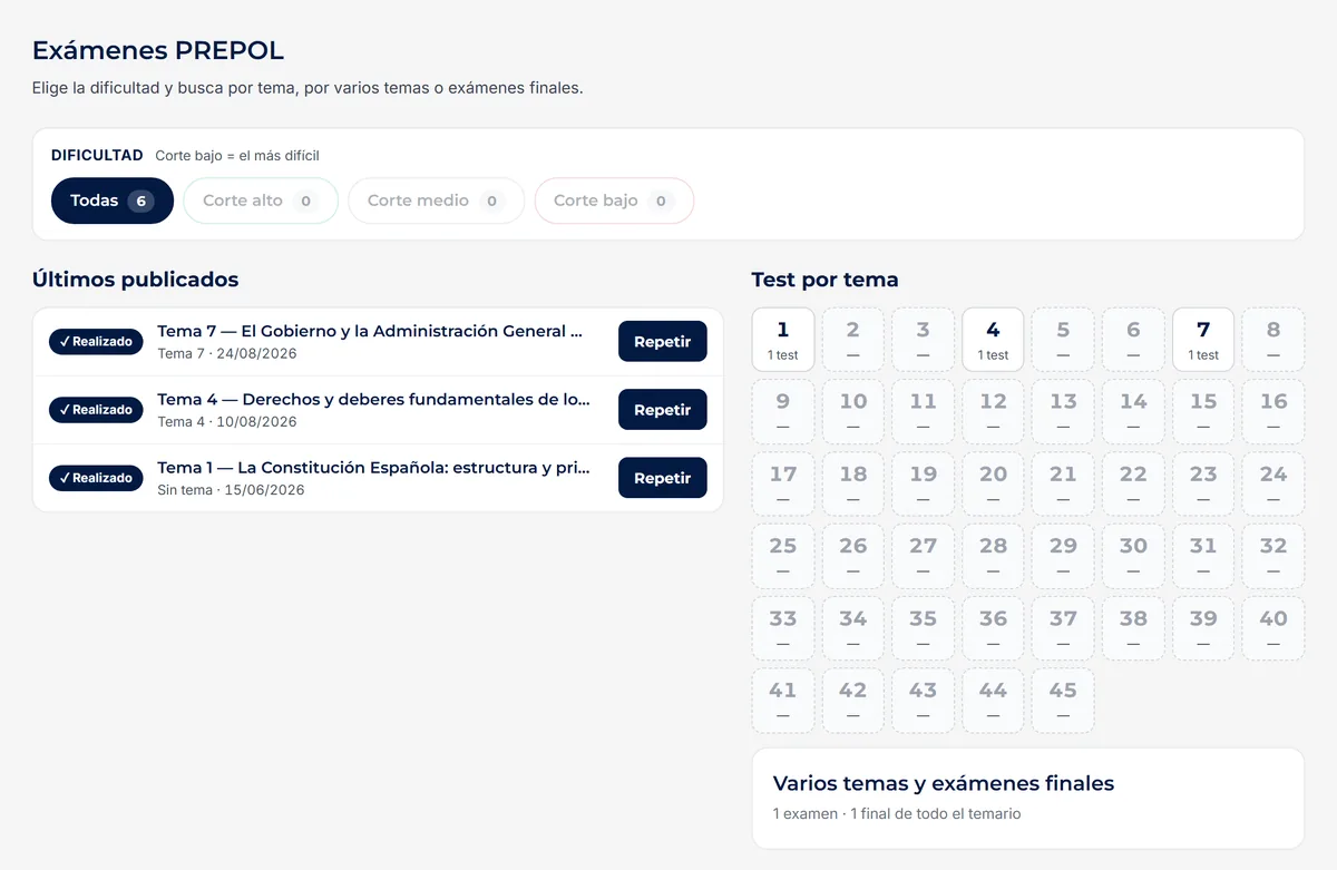 Pestaña Exámenes del aula PREPOL: últimos publicados y tests por tema con su dificultad